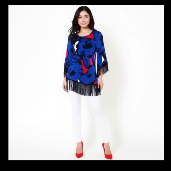 CARMEN blue black and red fringed abstract print tunic dress Small - Picture 2 of 9